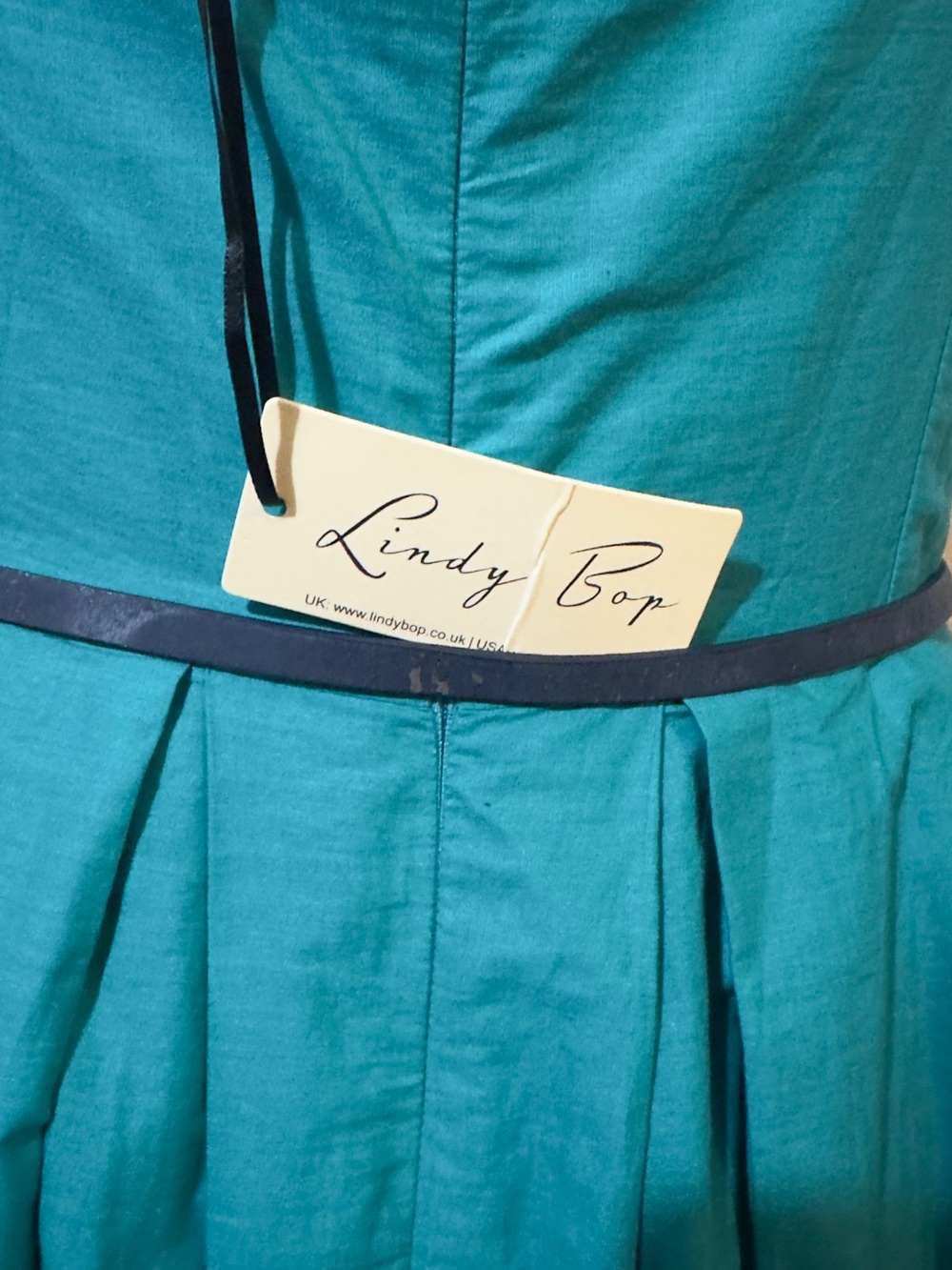 Lindy Bop Turquoise Midi Dress with Pink Tulip Floral Hem - Picture 6 of 7